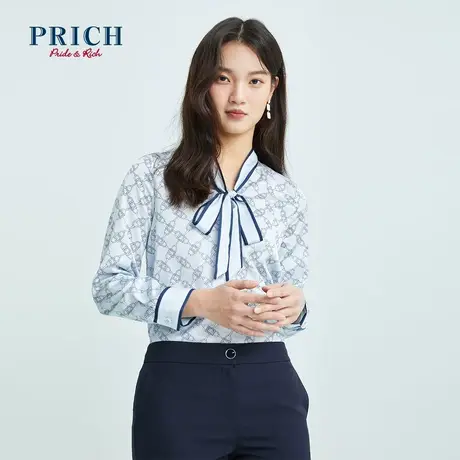 PRICH衬衫新款设计感小众系带V领雪纺长袖锁链印花别致上衣女商品大图