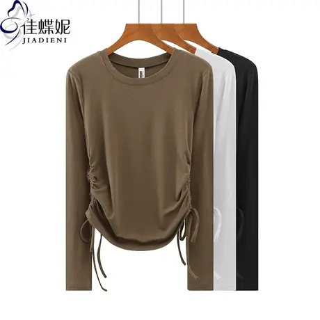 秋冬新款韩版圆领抽绳修身纯色纯棉长袖体恤上衣内搭女打底衫T恤商品大图