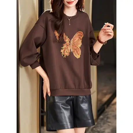 宝诗黎圆领亮片钉珠刺绣卫衣女宽松百搭2023秋季新款落肩长袖上衣商品大图