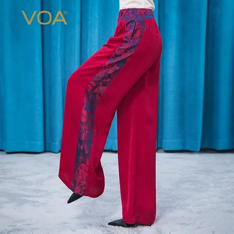 VOA真丝提花撞料拼接褶皱插袋落霞红宽松透气熟女桑蚕丝阔腿裤图片