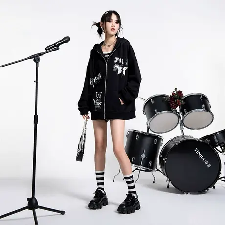 YEP卫衣开衫外套女黑色春秋款潮牌美式复古宽松oversize连帽上衣商品大图