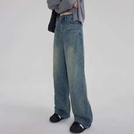 尔给做旧小个子高腰直筒牛仔裤女2023年新款宽松美式复古小众裤子商品大图