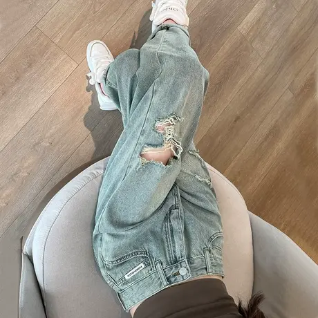 复古破洞高腰哈伦牛仔裤女春秋新款显瘦水洗直筒乞丐老爹萝卜裤子商品大图