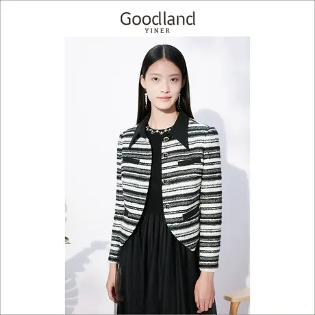 【小香风】音儿美地女装2022冬季新款长袖上衣不规则条纹短外套商品大图