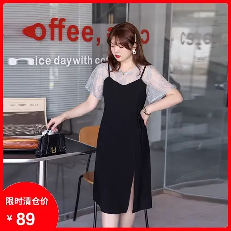 【清仓】季新款法式气质胖ＭＭ大码连衣裙显瘦遮肉收腰开衩假两件商品大图