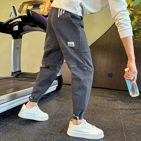 潮流运动工装牛仔裤男秋冬季青年潮牌个性痞帅拼接设计束脚休闲裤商品大图