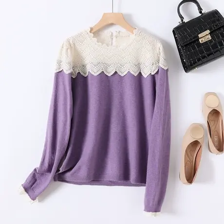 2023春季新款韩版宽松圆领蕾丝套头长袖纯色毛衣女百搭打底衫上衣商品大图