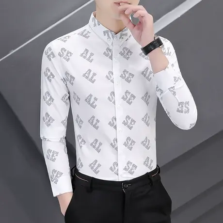 春秋季薄款长袖衬衫男韩版潮流时尚帅气印花衬衣男士商务休闲寸衫商品大图