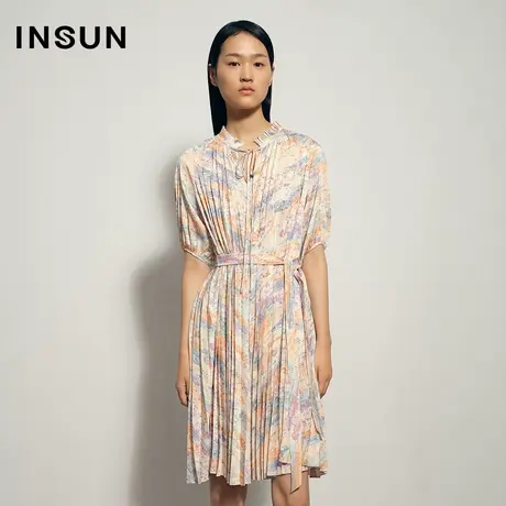 INSUN恩裳夏季宽线条微立领印花连衣裙图片