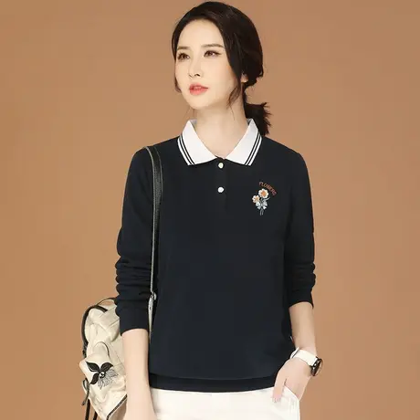 韩潮袭人撞色POLO领刺绣套头卫衣女2024春季新款宽松百搭T恤上衣图片