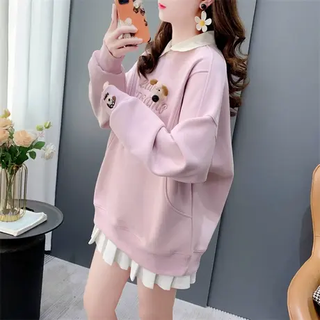 刺绣加绒加厚Polo领卫衣女秋冬季新款韩系百搭学生假两件上衣外套商品大图