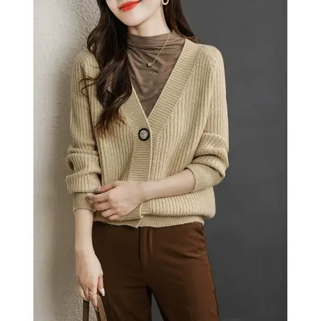 设计感针织衫女开衫秋冬季2023新款百搭V领毛衣外套纯色上衣外搭商品大图