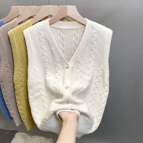 V领针织马甲女开衫外搭背心叠穿无袖纯色毛衣坎肩马夹外套2023秋商品大图