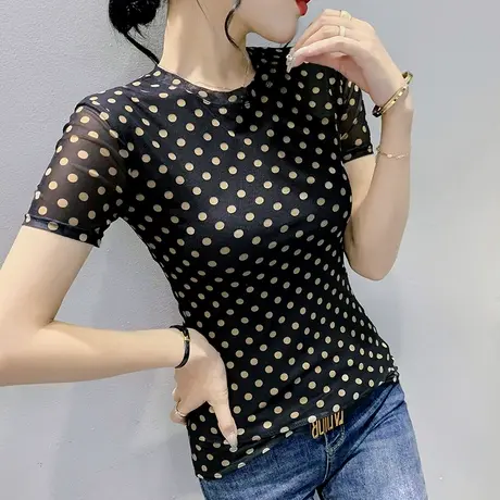 欧货波点印花T恤女短袖洋气性感网纱上衣修身别致半袖小衫夏装潮商品大图