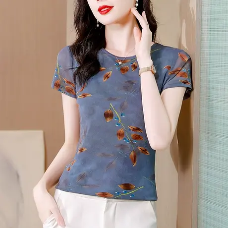 气质印花短袖T恤女2024夏季新款时尚圆领网纱上衣减龄修身小衫ins商品大图