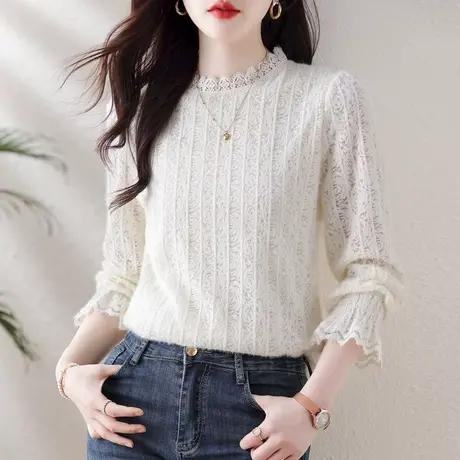 蕾丝打底衫内搭女秋冬装加绒2023年新款上衣高级感网纱长袖可外穿商品大图