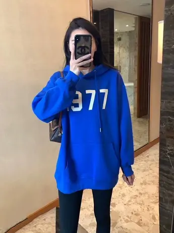 克莱因蓝连帽卫衣女2024新款秋冬慵懒风宽松小个子中长款加绒上衣商品大图