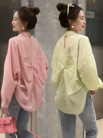 韩系简约镂空捏褶设计感条纹衬衫2023夏季新款休闲百搭减龄衬衣女商品大图