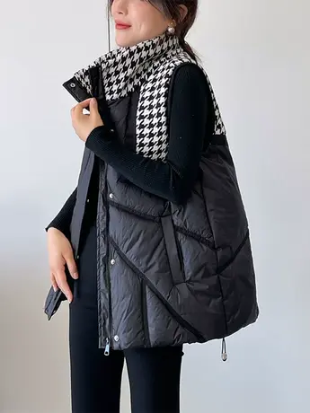 欧洲站千鸟格羽绒棉马夹女气质坎肩2023秋冬新款拼接棉马甲女外穿商品大图