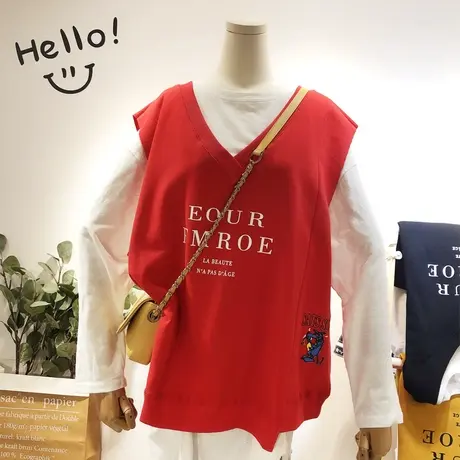 2019早秋韩国东大门Ulzzang休闲字母马甲竹节棉T恤两件套宽松大码商品大图