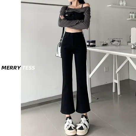 小个子黑色微喇牛仔裤女2023春秋新款高腰显瘦弹力八分九分喇叭裤商品大图