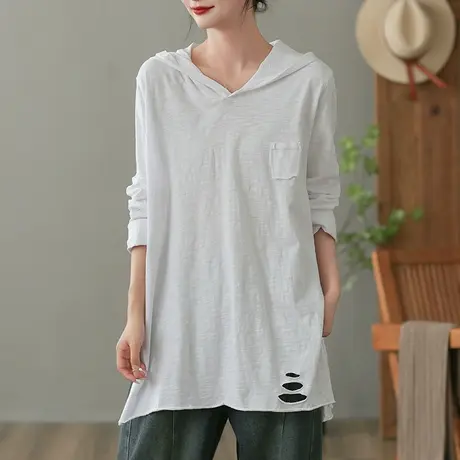 dza复古宽松连帽t恤女士春秋内搭破洞打底衫休闲白色长袖开叉上衣商品大图