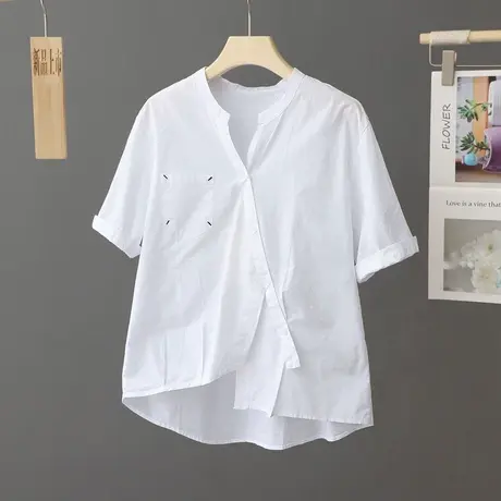 夏季小个子上衣女白色纯棉设计感小众衬衫2024新款休闲V领衬衣女图片