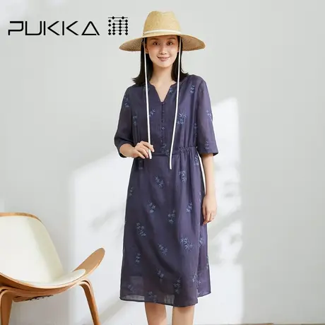 蒲牌苎麻连衣裙女2022夏装新款宽松设计感批绣半袖V领显瘦裙子图片