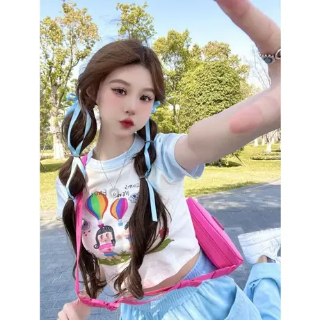 蓝色chic甜辣妹显瘦紧身短款上衣女夏季法式小众露脐短袖正肩T恤商品大图