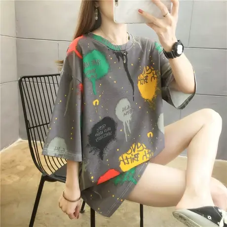 中长款印花涂鸦短袖t恤女夏季2023年新款宽松半袖t恤女士体恤上衣商品大图