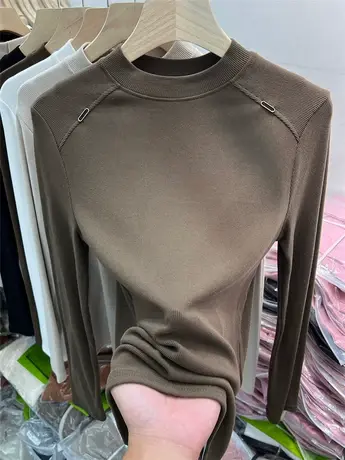 欧货双面磨毛螺纹长袖T恤女2023秋冬新款洋气钉珠内搭打底衫上衣商品大图