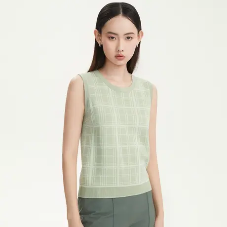 LANCY/悦朗姿秋季新款格纹针织无袖马甲外穿内搭背心女装圆领奥莱图片