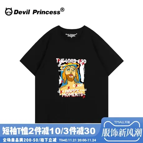 vintage街头风复古黑色正肩t恤女大版宽松小众设计感涂鸦印花上衣商品大图