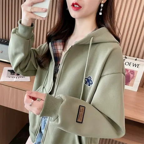 卫衣女2023新款秋冬季韩版宽松加绒加厚撞色小个子假两件开衫外套商品大图