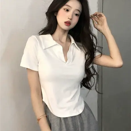 欧货v领t恤女短袖ins潮夏装2023新款洋气别致小衫短款上衣polo衫图片