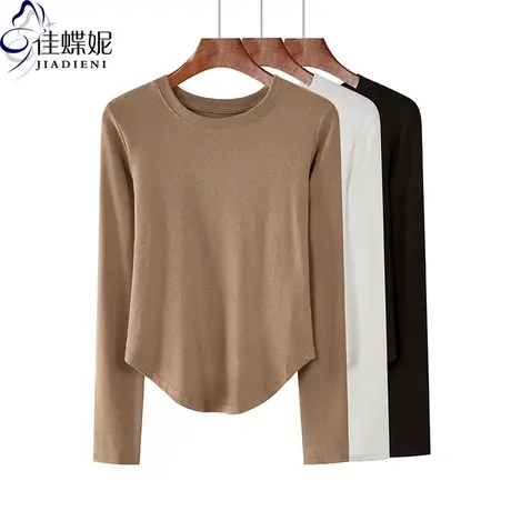 秋冬季韩版圆领德绒修身显瘦纯色燕尾摆长袖体恤上衣内搭打底女商品大图