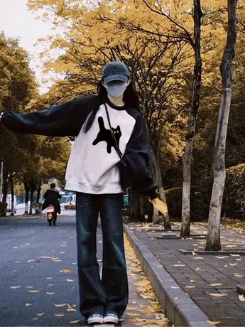 插肩长袖卫衣女秋冬打底衫oversize大码中长款遮肚显瘦ins潮上衣商品大图