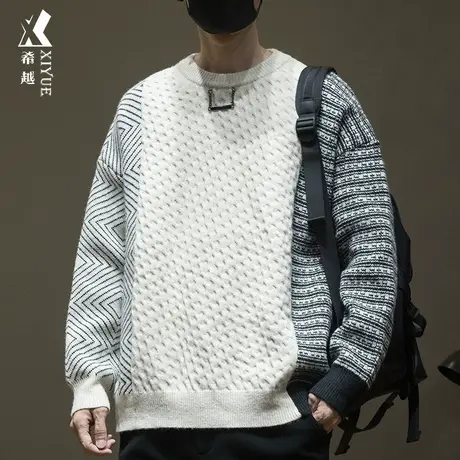 希越秋冬拼接撞色条纹毛衣男700g重磅8针潮流打底衫宽松大码男装商品大图