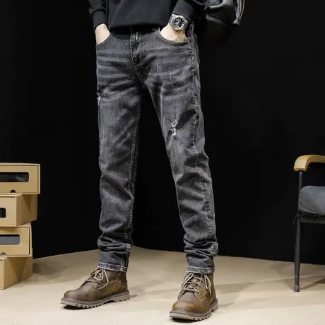 香港高端黑色牛仔裤男春季2024新款修身小直筒春秋款男士弹力裤子图片