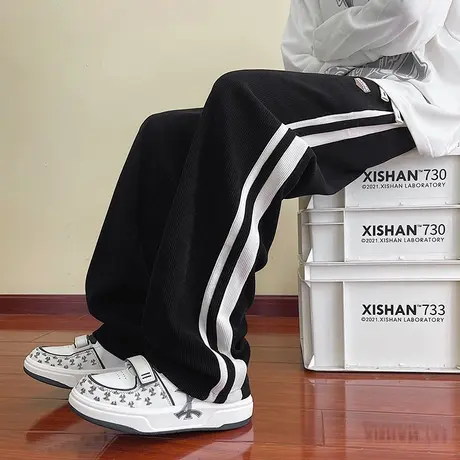 雪尼尔裤子男春秋季潮牌宽松灯芯绒卫裤男生直筒阔腿运动休闲长裤商品大图