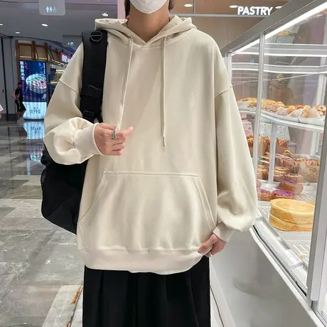 重磅纯色连帽卫衣男士春秋加绒港风潮牌宽松日系美式加厚外套衫商品大图