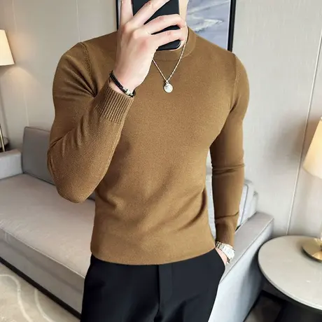 软糯绵羊毛针织衫男秋冬优雅小圆领显瘦百搭小衫慵懒感弹力毛衣潮图片