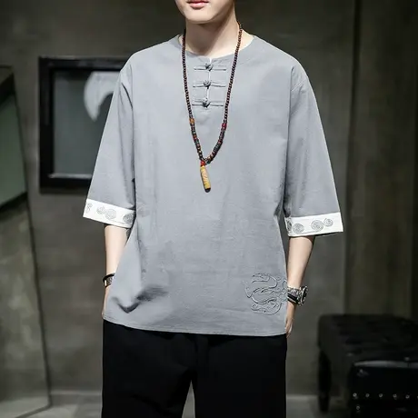 新款春夏男短袖T恤复古中国风民族风格服装盘扣上衣棉麻打底衫男图片