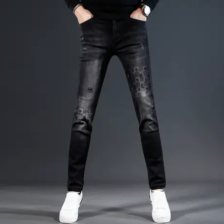 欧美牛仔裤男款修身小脚秋冬款破洞烫钻高端弹力潮流男士裤子黑色商品大图