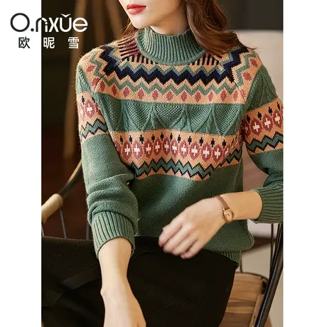 欧昵雪2023冬季新款休闲半高领波普风宽松慵懒保暖毛衣女插肩长袖商品大图