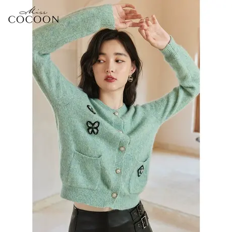 missCOCOON圆领羊毛针织开衫女2023新款春秋宽松百搭短款毛衣外套图片