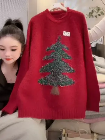 韩系圆领圣诞树复古秋冬毛衣女长袖套头宽松休闲百搭高级感针织衫图片
