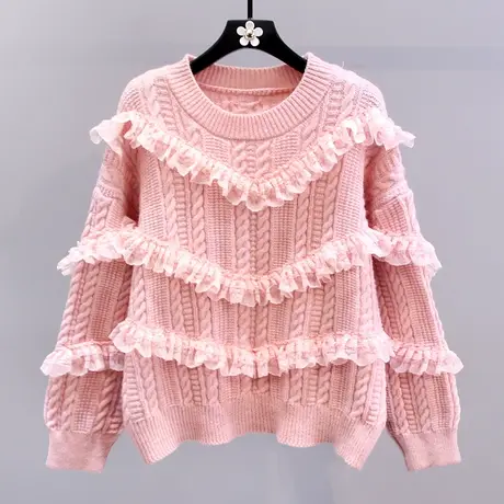 复古麻花蕾丝拼接毛衣女冬季2023新款宽松慵懒风外穿套头针织上衣商品大图