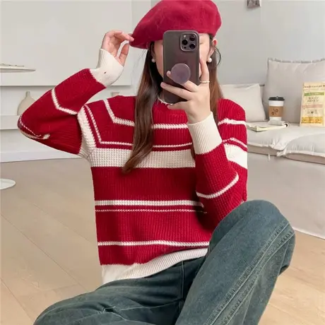 红色毛衣女秋冬2023新款条纹针织衫短款加厚内搭打底衫上衣慵懒风图片
