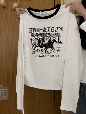 红续复古插画拼色长袖T恤女美式潮酷风收腰白色内搭上衣秋冬新款商品大图